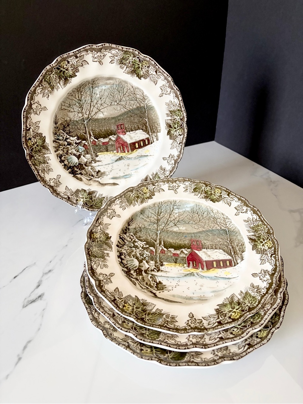 SET of 4 Friendly Village Dinner Plates - The School House - by Johnson Brothers